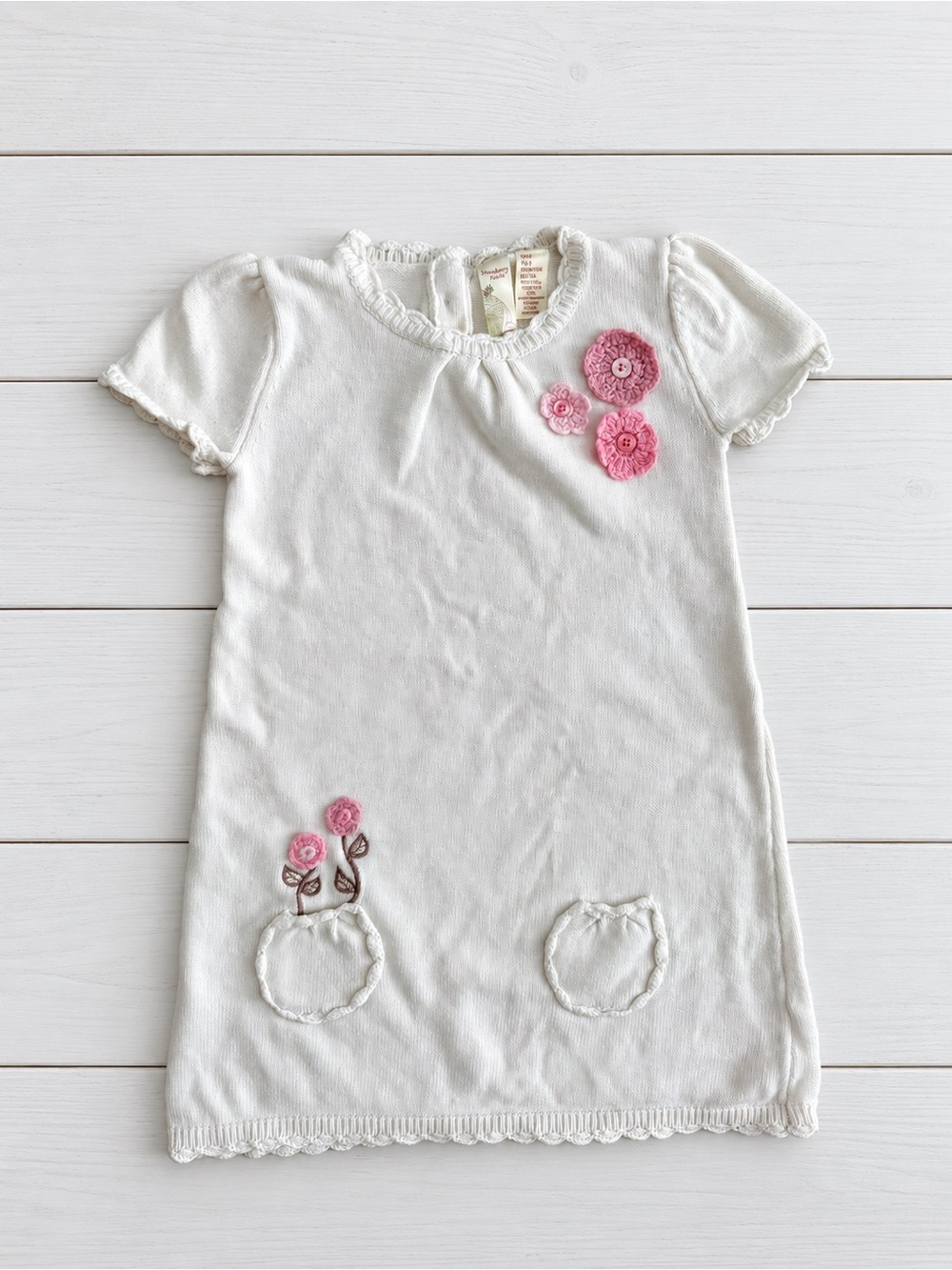 Girls Knitted Dress with Pink Flower Details Pockets Off White Size 5-6 years